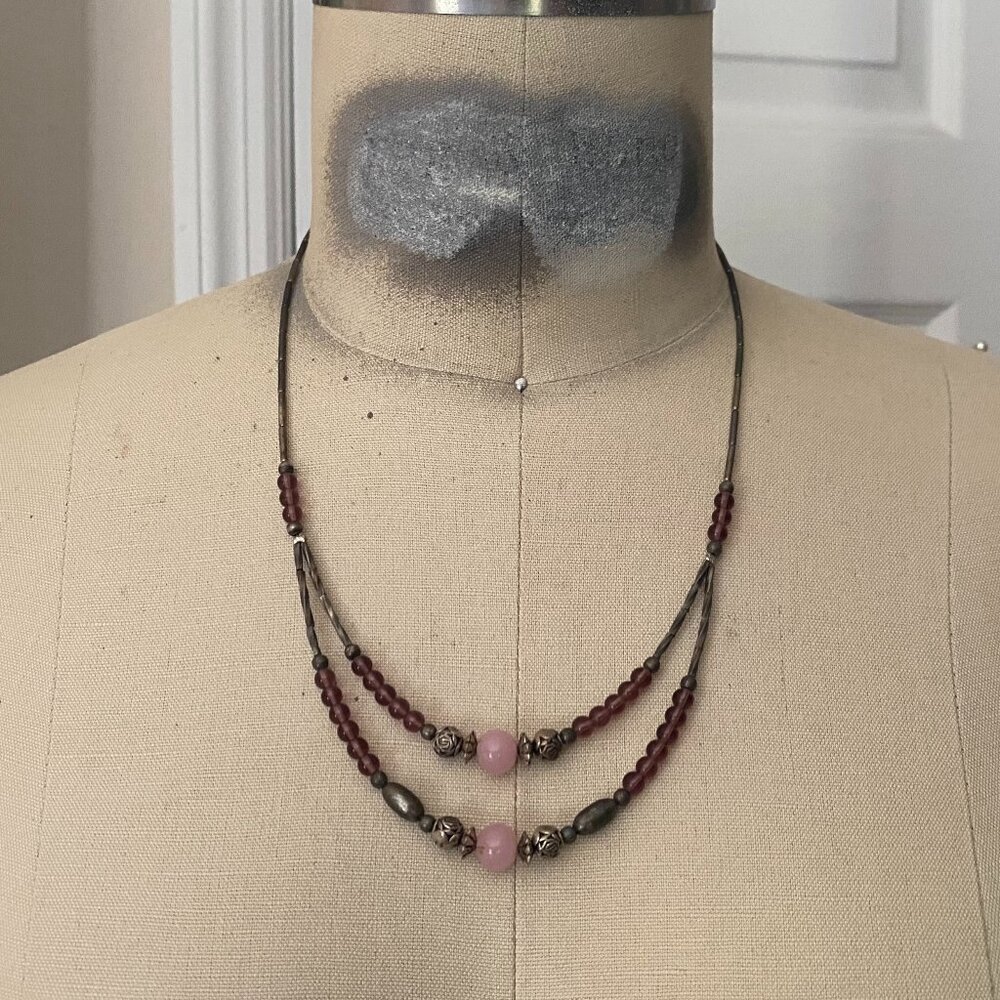 BAUBLEBAR Silver PINK Quartz Bead Double Strand Y2K Collar Necklace BOHO